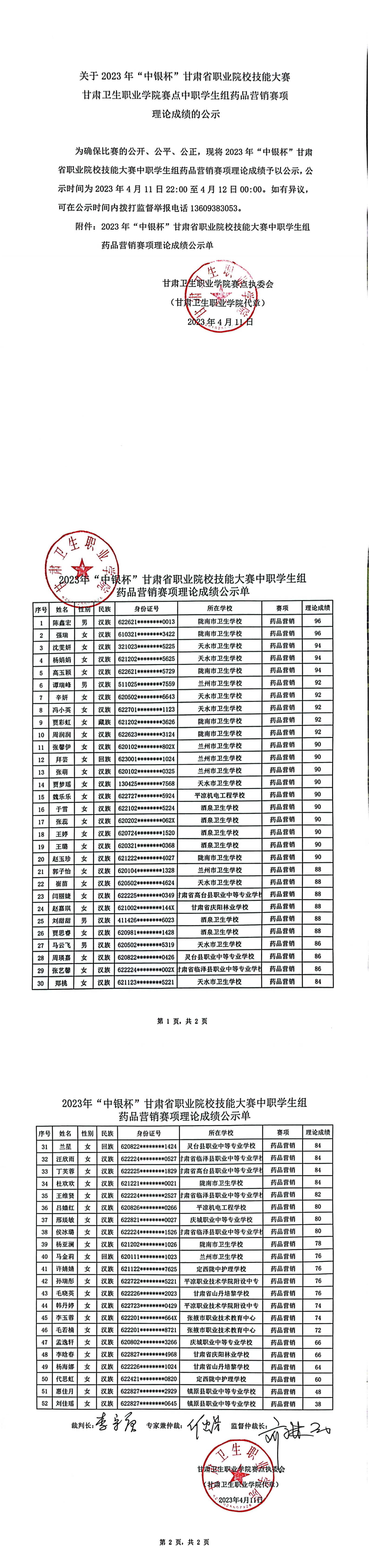 04关于2023年“中银杯”甘肃省职业院校技能大赛365英国上市集团官网赛点中职学生组药品营销赛项理论成绩的公示_00.png